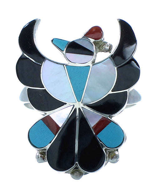 Zuni Multicolor Inlay Thunderbird Sterling Silver Ring Size 7-1/4 RX106548